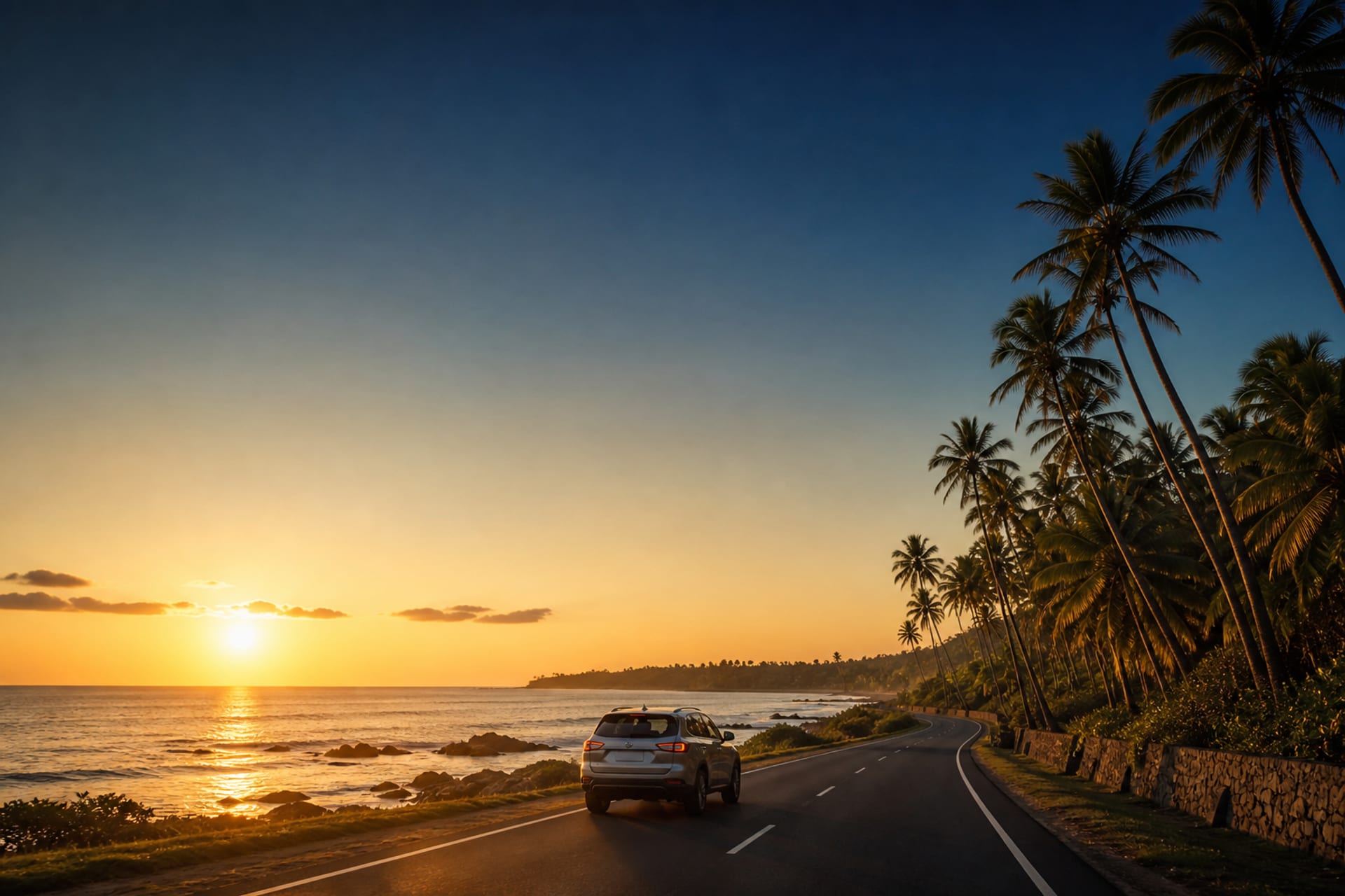 Car driving a scenic coastal road in Sri Lanka at golden hour — hire or rent a vehicle islandwide